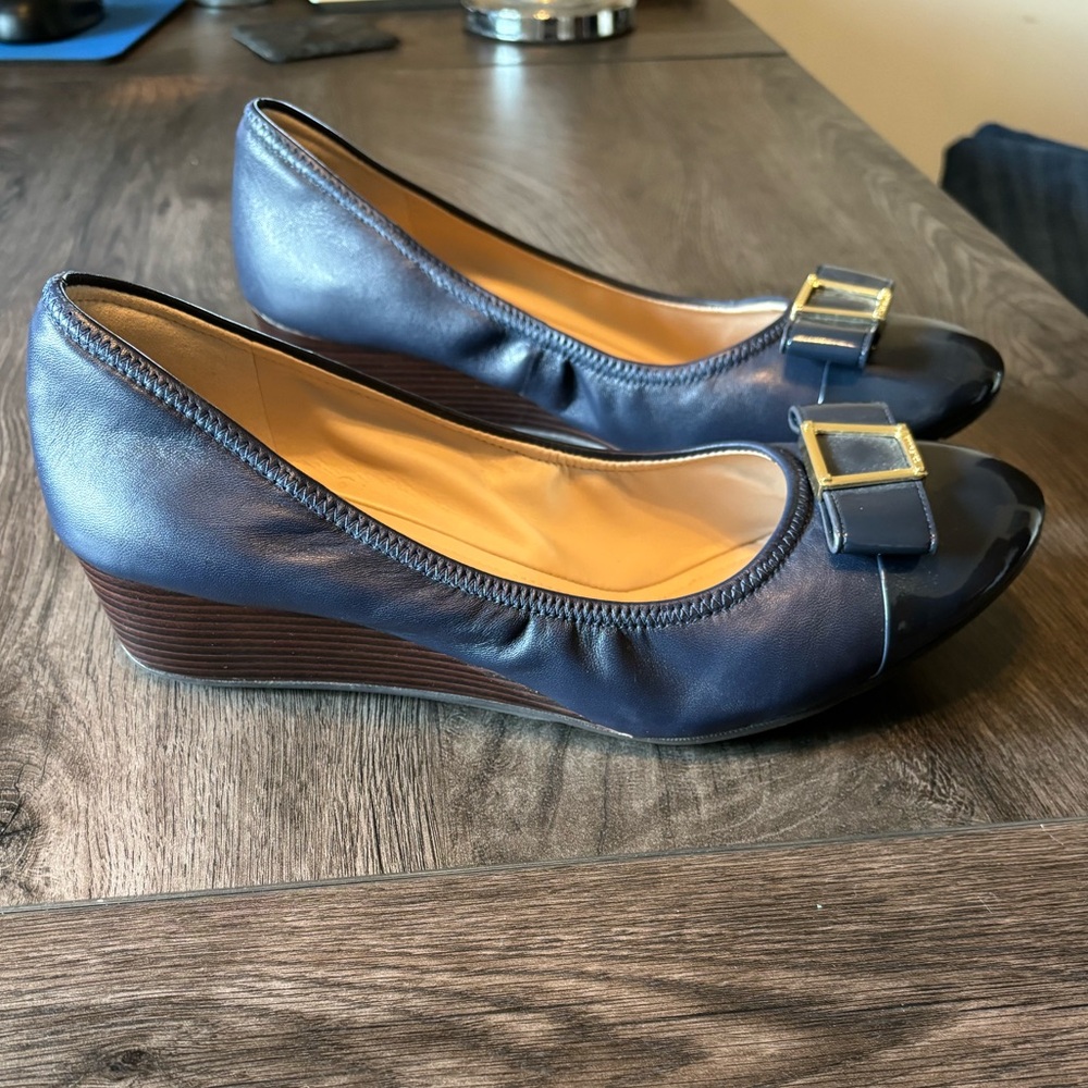 Cole Haan Navy Wedges with Bow Accent